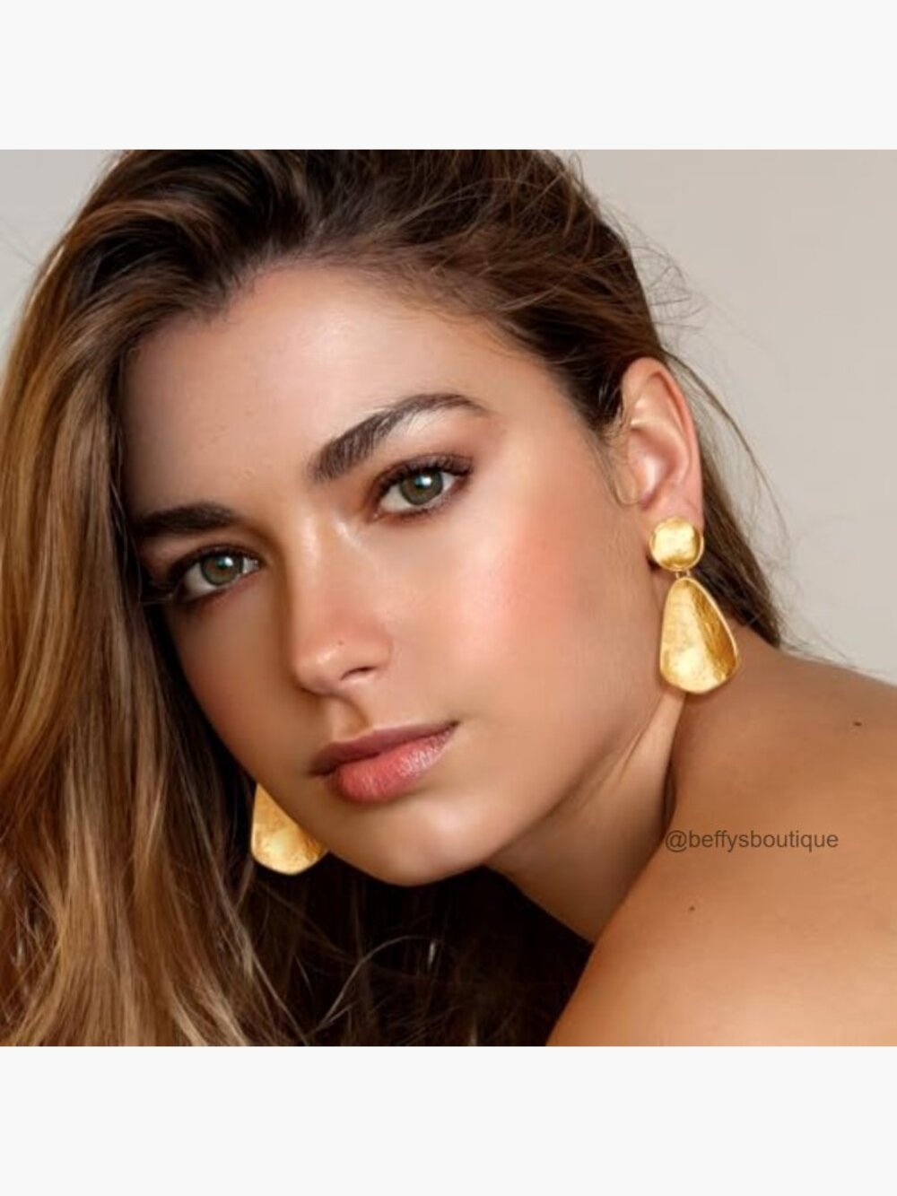 Clip On Hammered Geometric Dangle Earrings Gold Plated Brass - Picture 4 of 7